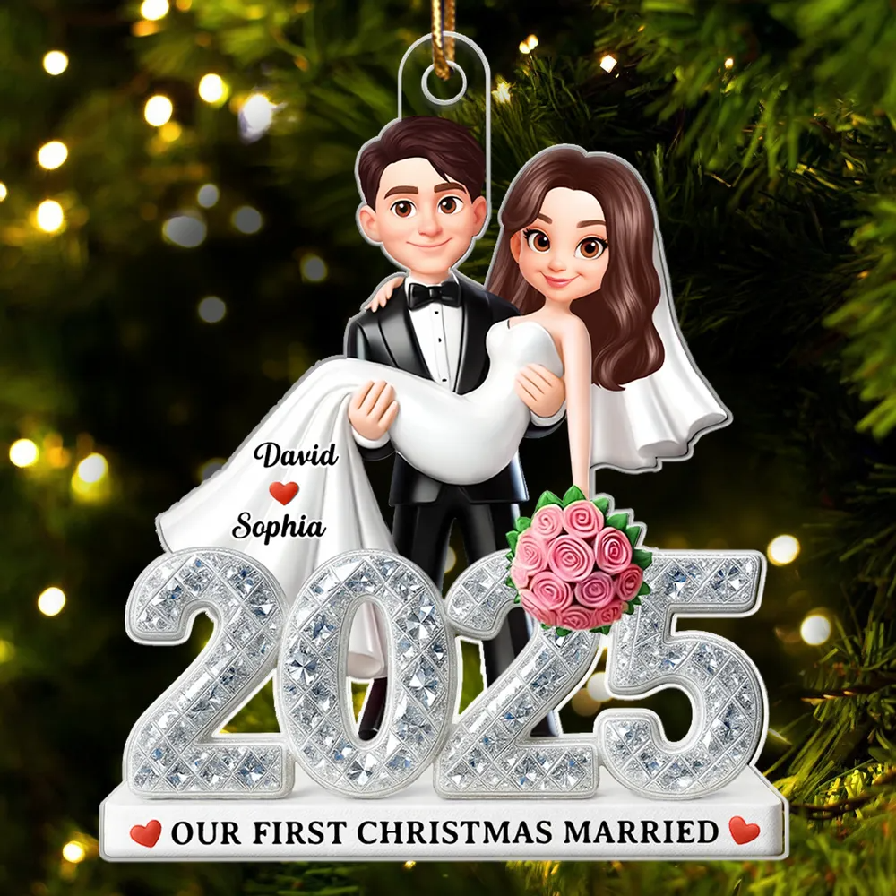 First Christmas Married 2025 3D Shining Effect - Personalized Acrylic Ornament - Christmas Gift for Newly Married Couple