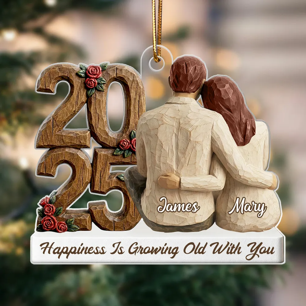 Couple Back View Hugging Faux Wood - Personalized Acrylic Ornament - Heartwarming Christmas Gift For Him, For Her, For Couple