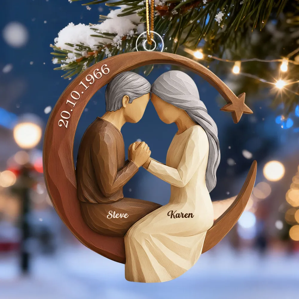 Couple I Love to the Moon and Back 3D Wooden Effect - Personalized Acrylic Ornament - Christmas Gift for Couples