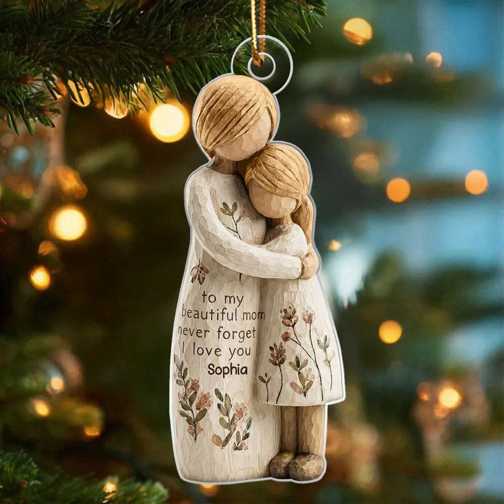 Mom And Daughter Son Faux Wood - Personalized Acrylic Ornament - Heartwarming Christmas Gift For Mom, For Family