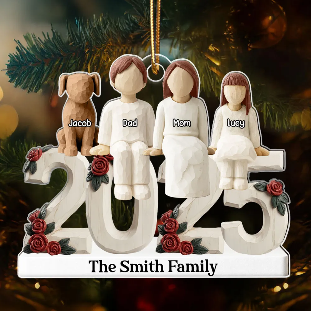 3D Effect Wooden Family Together 2025 - Personalized Acrylic Ornament - Heartwarming Christmas For Family