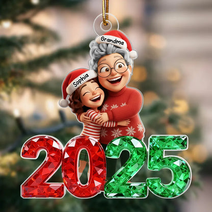 3D Glitter Crystal Happy Grandma Hugging Grandkid 2025 - Personalized Acrylic Ornament - Christmas Gift for Grandma, Grandkid