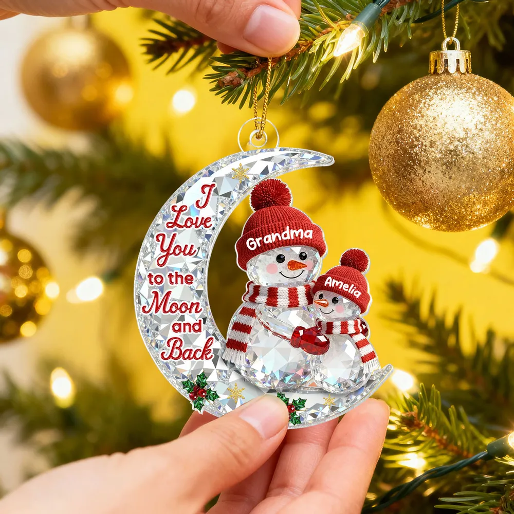 3D Effect Flat Snowman Grandma And Grandkid On Moon - Personalized Acrylic Ornament - Gift For Grandma, Grandkids
