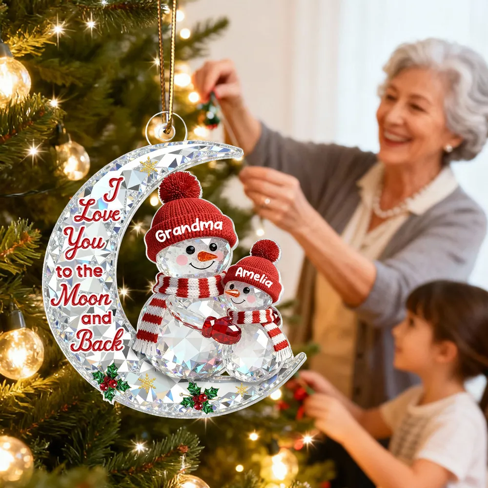 3D Effect Flat Snowman Grandma And Grandkid On Moon - Personalized Acrylic Ornament - Gift For Grandma, Grandkids