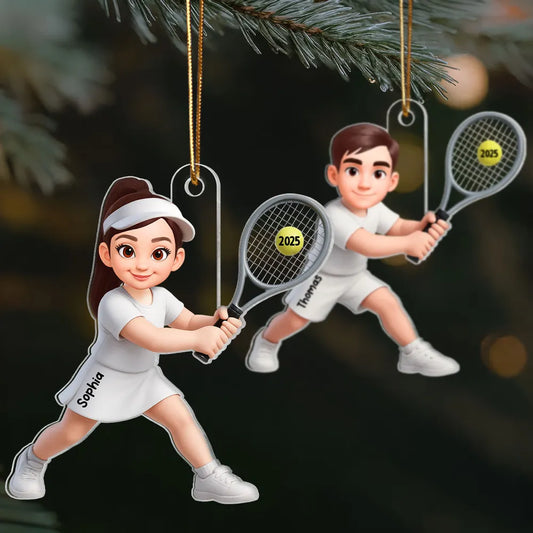 3D Effect Christmas Girl Boy Playing Tennis - Personalized Acrylic Ornament - Gift For Tennis Players, Grandson, Granddaughter