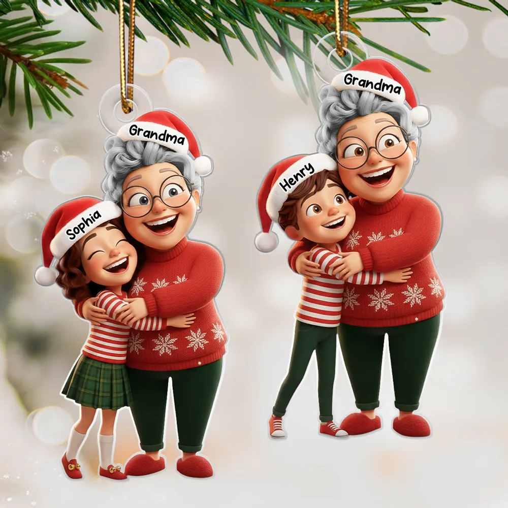 Happy Grandma Hugging Grandkid - Personalized Acrylic Ornament - Christmas Gift for Grandma, Grandkid