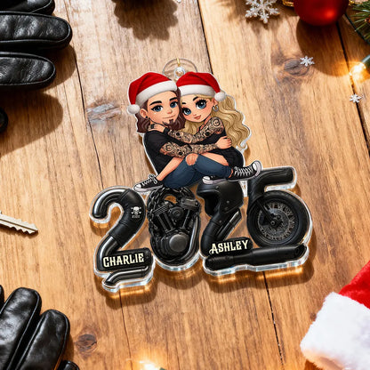 3D Effect Biker Couple Christmas - Personalized Acrylic Ornament - Gift For Bikers, Gift For Him, For Her