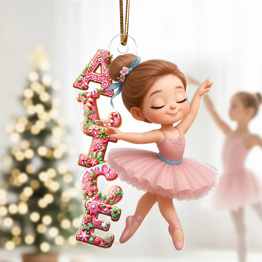 Little Girl Balletina Dance Custom Name Pink Gingerbread Pattern - Personalized Acrylic Ornament