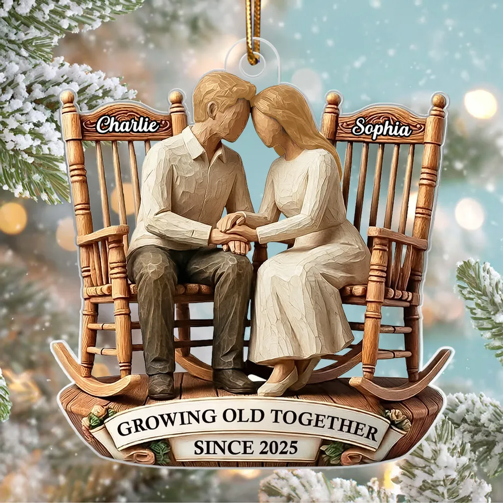 Couple Sitting On Rocking Chairs Faux Wood - Personalized Acrylic Ornament - Heartwarming Christmas Gift For Him, For Her, For Couple