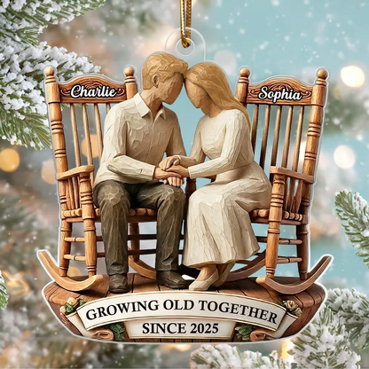 Couple Sitting On Rocking Chairs Faux Wood - Personalized Acrylic Ornament - Heartwarming Christmas Gift For Him, For Her, For Couple