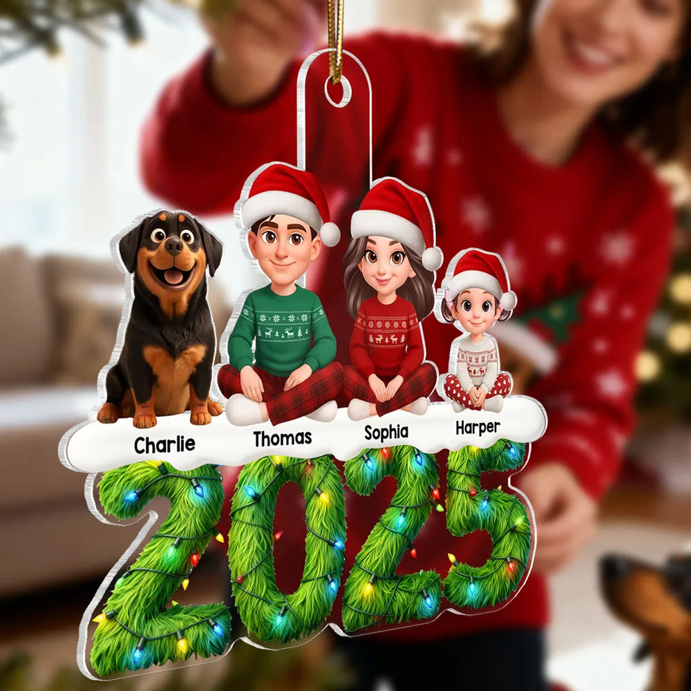 3D Effect Festive Christmas Green Pattern Beautiful Family Together - Personalized Acrylic Ornament