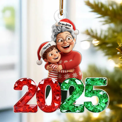 3D Glitter Crystal Happy Grandma Hugging Grandkid 2025 - Personalized Acrylic Ornament - Christmas Gift for Grandma, Grandkid