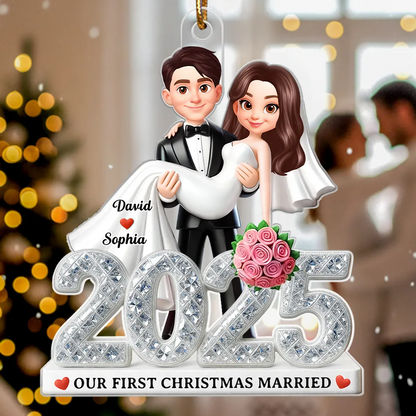 First Christmas Married 2025 3D Shining Effect - Personalized Acrylic Ornament - Christmas Gift for Newly Married Couple