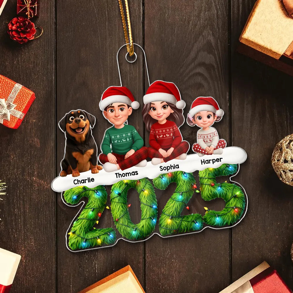 3D Effect Festive Christmas Green Pattern Beautiful Family Together - Personalized Acrylic Ornament