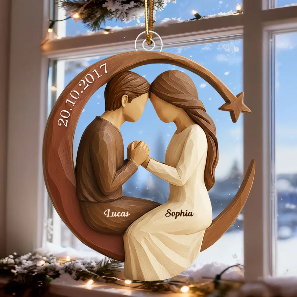 Couple I Love to the Moon and Back 3D Wooden Effect - Personalized Acrylic Ornament - Christmas Gift for Couples