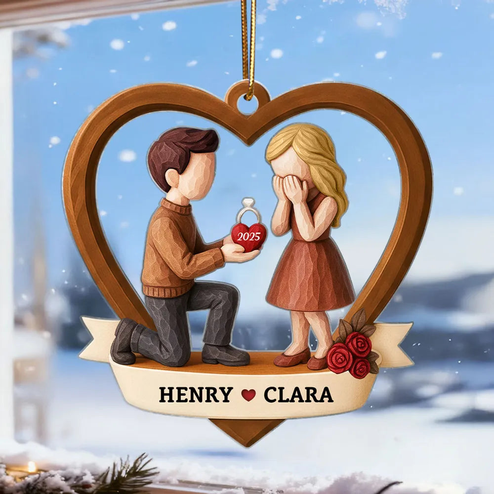 Couple Marriage Proposal 3D Wooden Effect - Personalized Acrylic Ornament - Newly Engaged Gift, "She Said Yes!" Christmas Ornament