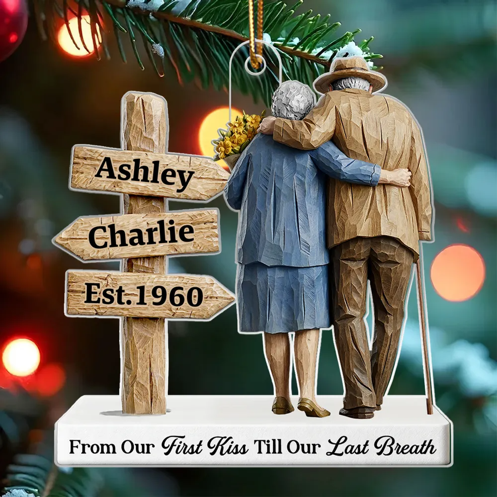 3D Effect Wooden Old Couple Sign Post - Personalized Acrylic Ornament