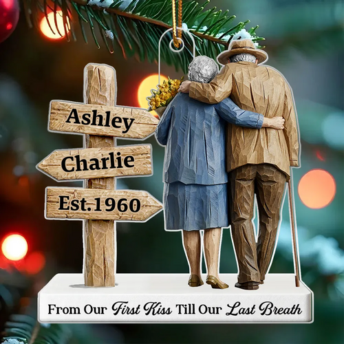 3D Effect Wooden Old Couple Sign Post - Personalized Acrylic Ornament