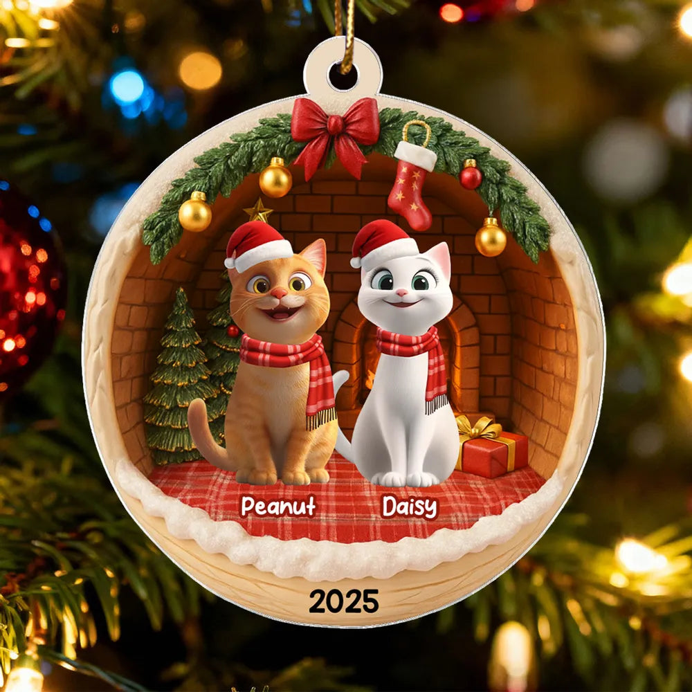 3D Christmas Cats Cozy House - Personalized Acrylic Ornament - Christmas Gift for Cat Lovers