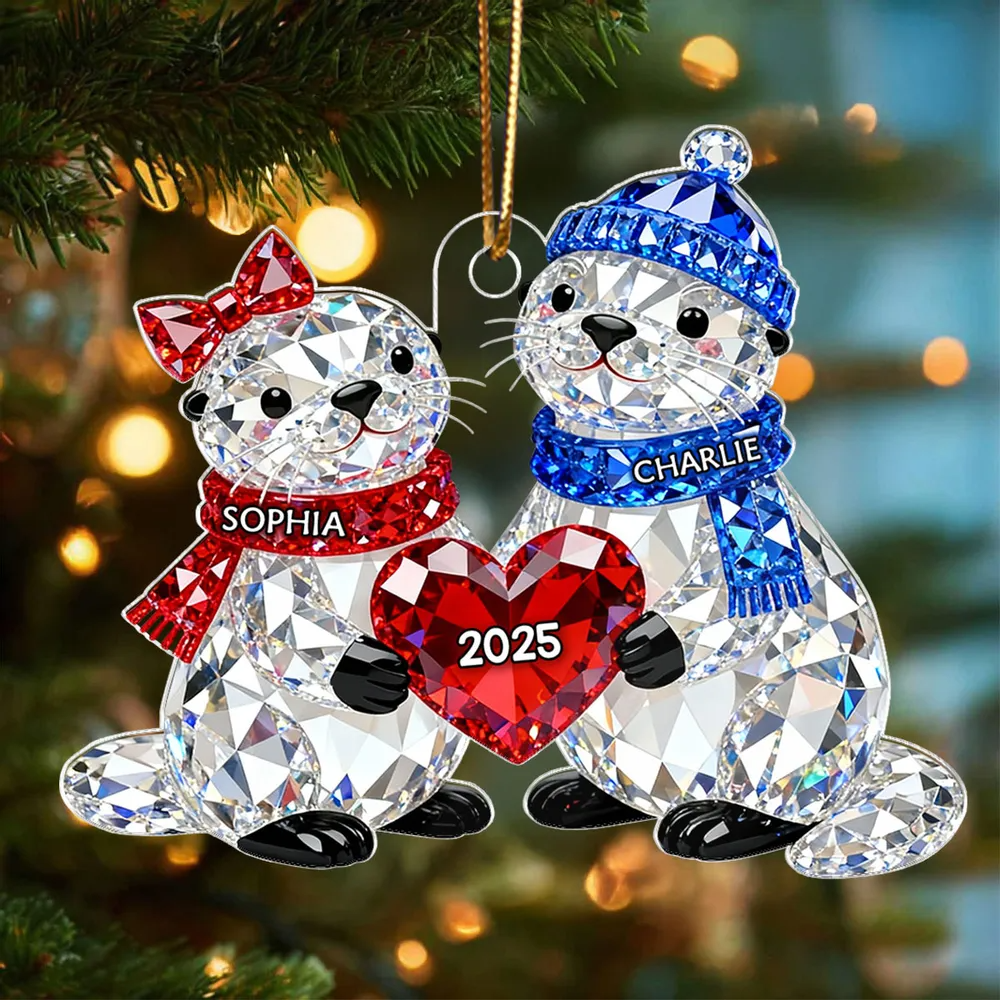 3D Crystal Effect Christmas Otter Couple - Personalized Acrylic Ornament