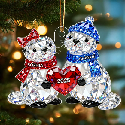 3D Crystal Effect Christmas Otter Couple - Personalized Acrylic Ornament
