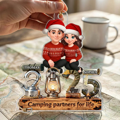 3D Effect Couple Camping Partners For Life Signature Symbols Christmas - Personalized Acrylic Ornament - Gift For Camping Couple, Gift For Him, For Her
