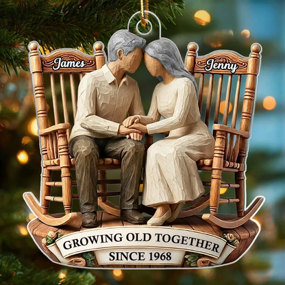 Couple Sitting On Rocking Chairs Faux Wood - Personalized Acrylic Ornament - Heartwarming Christmas Gift For Him, For Her, For Couple