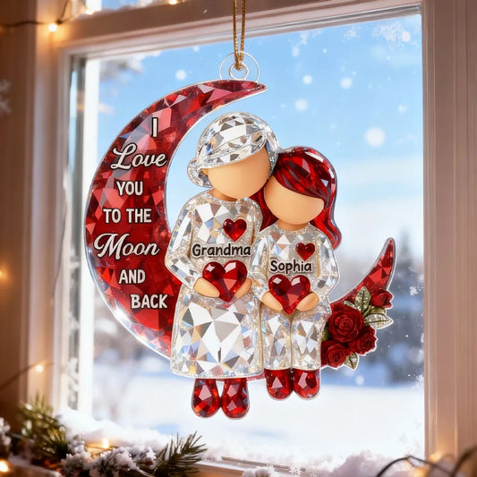 3D Crystal Effect Grandma Grandpa Grandkid Sitting on Moon - Personalized Acrylic Ornament - Christmas Gift for Grandma, Grandkids