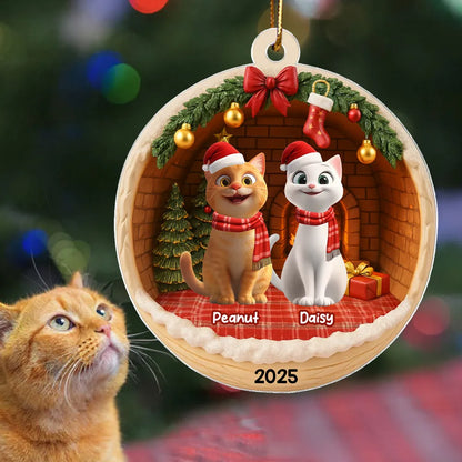 3D Christmas Cats Cozy House - Personalized Acrylic Ornament - Christmas Gift for Cat Lovers