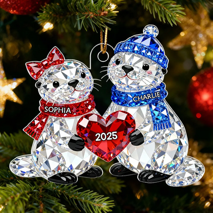3D Crystal Effect Christmas Otter Couple - Personalized Acrylic Ornament