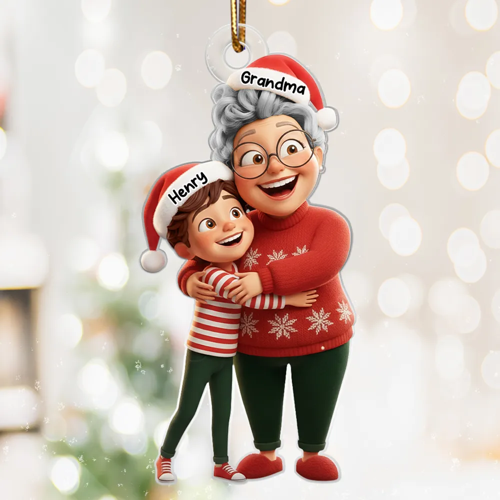 Happy Grandma Hugging Grandkid - Personalized Acrylic Ornament - Christmas Gift for Grandma, Grandkid