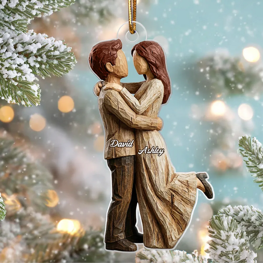 Couple Hugging Faux Wood - Personalized Acrylic Ornament - Heartwarming Christmas Gift For Him, For Her, For Couple