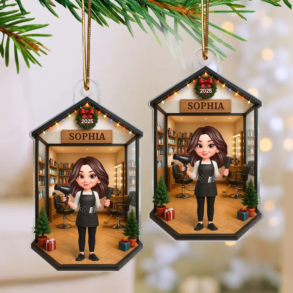 3D Effect Christmas Hair Salon Hairdresser Man Woman - Personalized Acrylic Ornament - Gift For Hairdressers