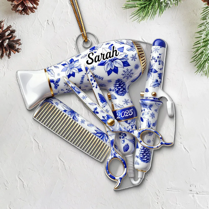 3D Effect Christmas Toile De Jouy Pattern Hairdresser Things - Personalized Acrylic Ornament - Gift For Hairdressers