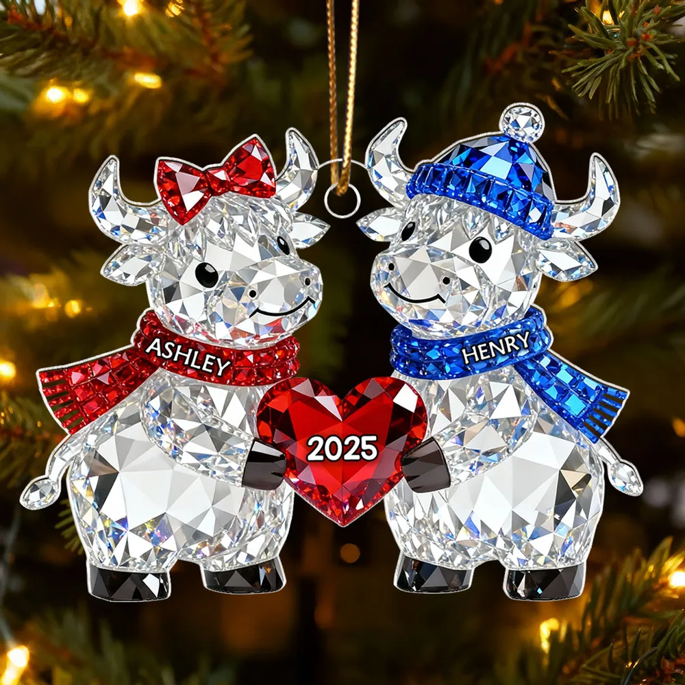3D Crystal Effect Christmas Highland Cow Couple - Personalized Acrylic Ornament