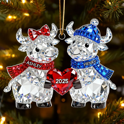 3D Crystal Effect Christmas Highland Cow Couple - Personalized Acrylic Ornament