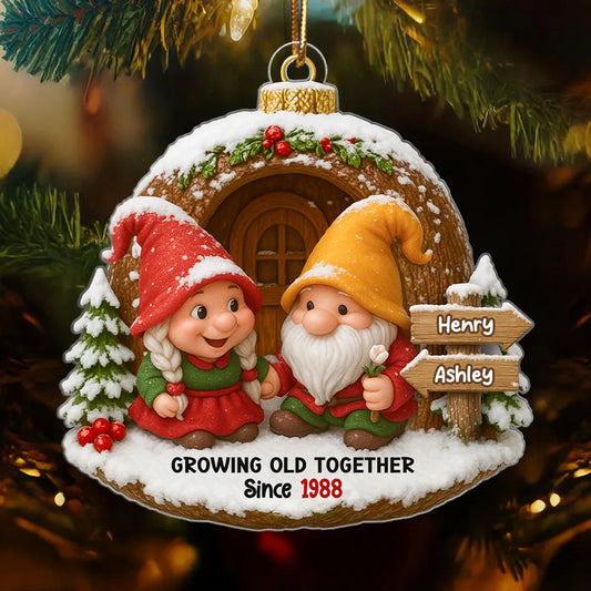 Christmas Gnome Couple Custom Name Sign Post - Personalized Acrylic Ornament - Christmas Gift for Old Couple