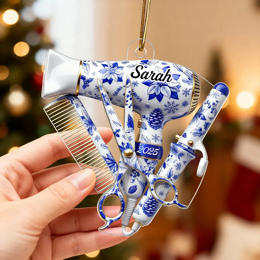 3D Effect Christmas Toile De Jouy Pattern Hairdresser Things - Personalized Acrylic Ornament - Gift For Hairdressers