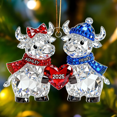 3D Crystal Effect Christmas Highland Cow Couple - Personalized Acrylic Ornament