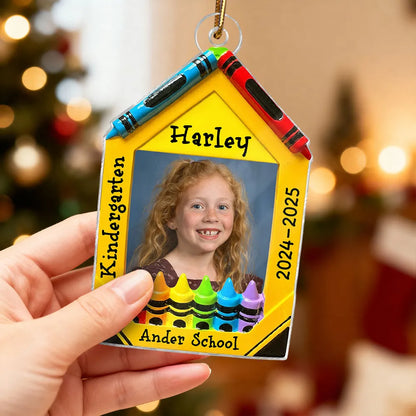 3D Effect Crayon Frame Custom Photo - Personalized Acrylic Ornament - PreK Kindergarten School Milestone Gift