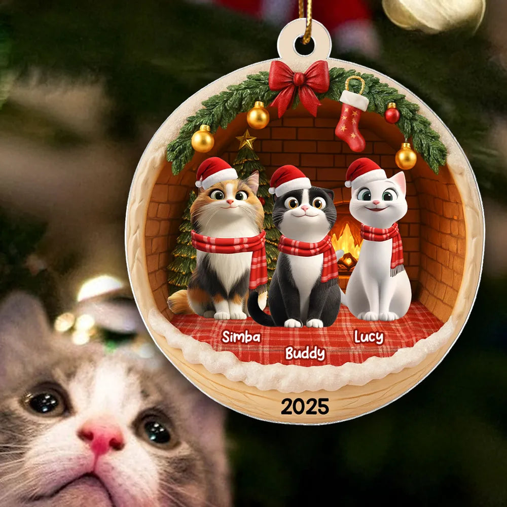 3D Christmas Cats Cozy House - Personalized Acrylic Ornament - Christmas Gift for Cat Lovers