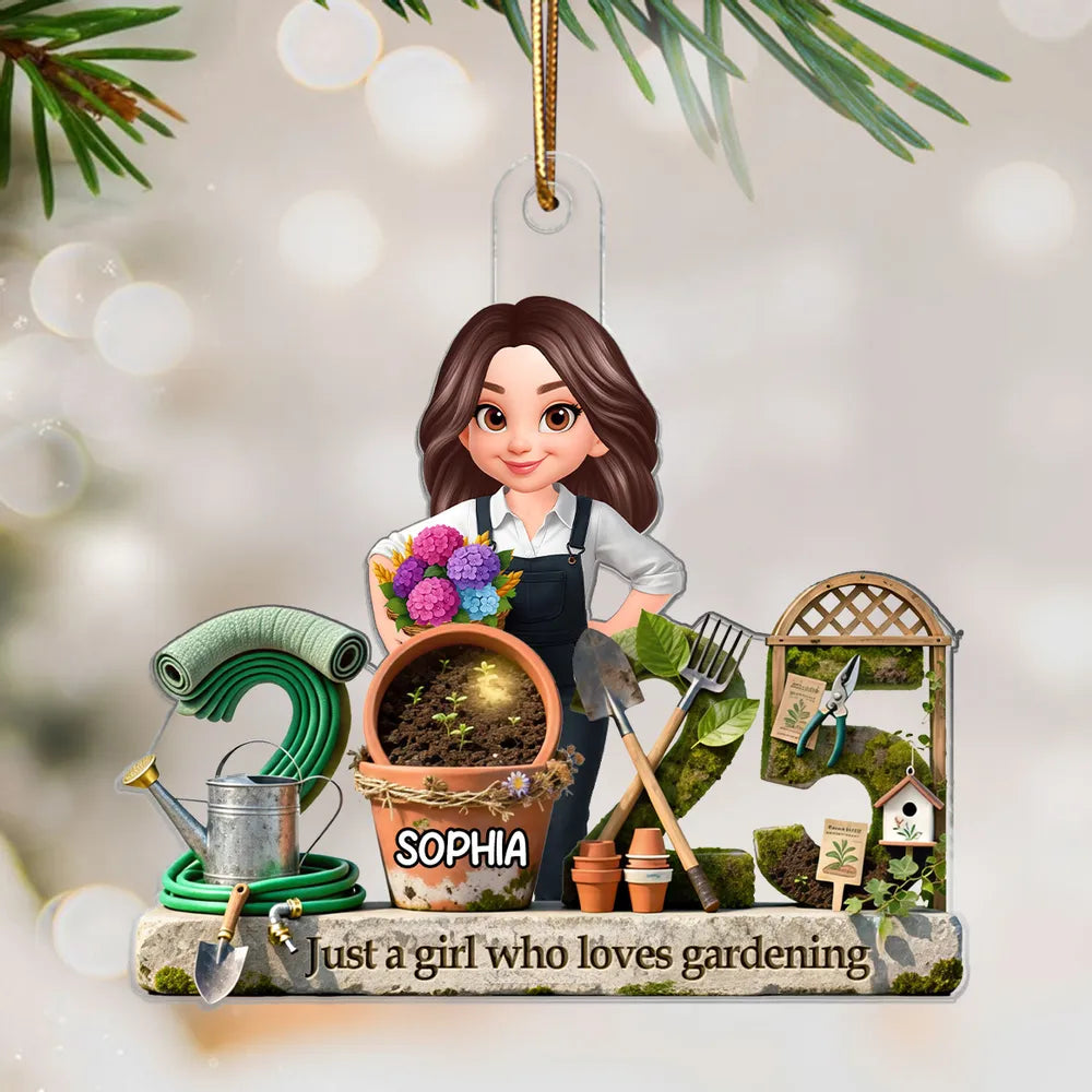 3D Effect Gardening Girl Woman Signature Symbols Christmas - Personalized Acrylic Ornament - Gift For Gardeners, Plant Lovers