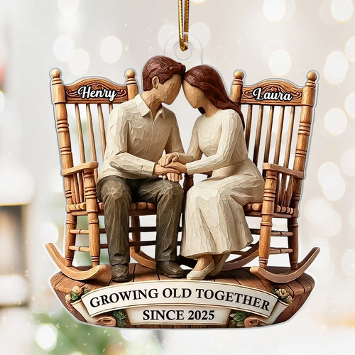 Couple Sitting On Rocking Chairs Faux Wood - Personalized Acrylic Ornament - Heartwarming Christmas Gift For Him, For Her, For Couple