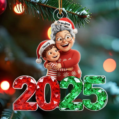 3D Glitter Crystal Happy Grandma Hugging Grandkid 2025 - Personalized Acrylic Ornament - Christmas Gift for Grandma, Grandkid