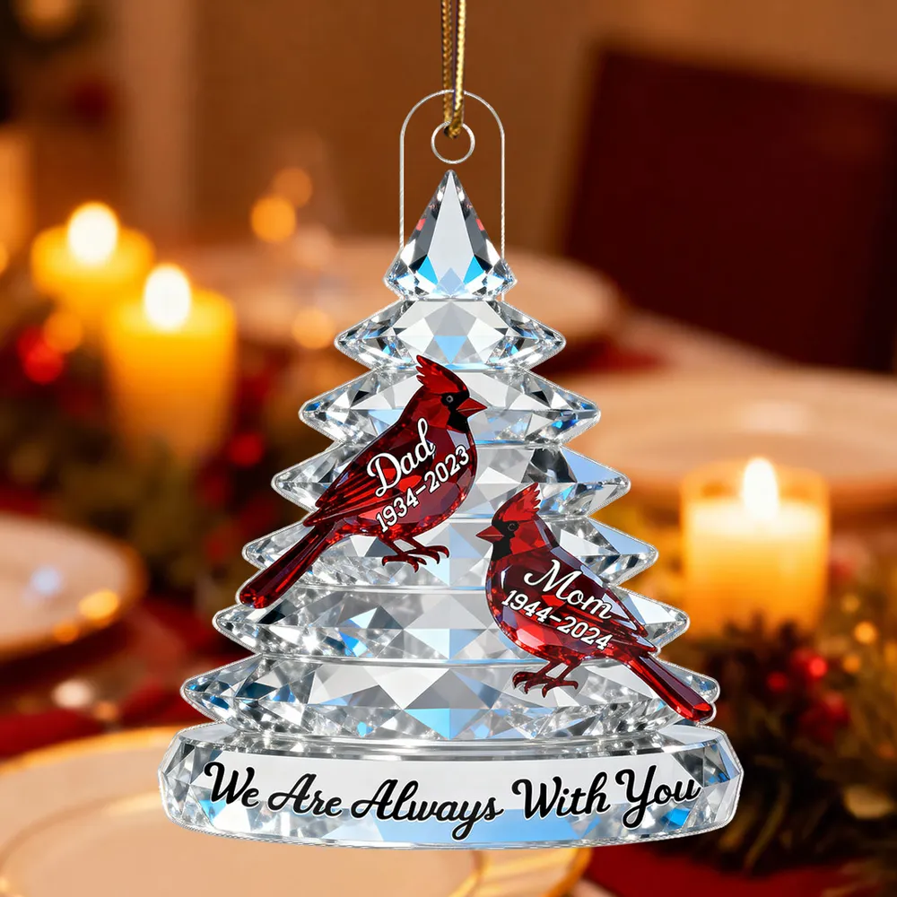 3D Crystal Effect Memorial Christmas Tree Cardinals - Personalized Acrylic Ornament - Remembrance Gift, Sympathy Gift For Whole Family, Extended Family
