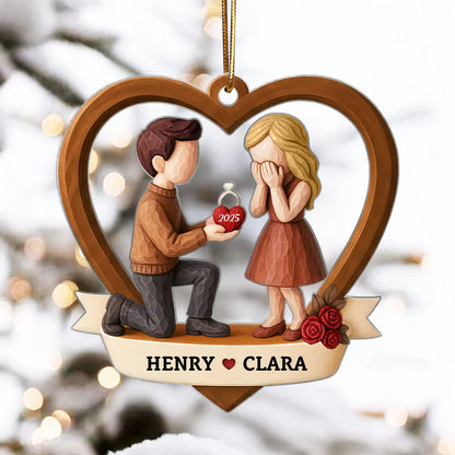 Couple Marriage Proposal 3D Wooden Effect - Personalized Acrylic Ornament - Newly Engaged Gift, "She Said Yes!" Christmas Ornament