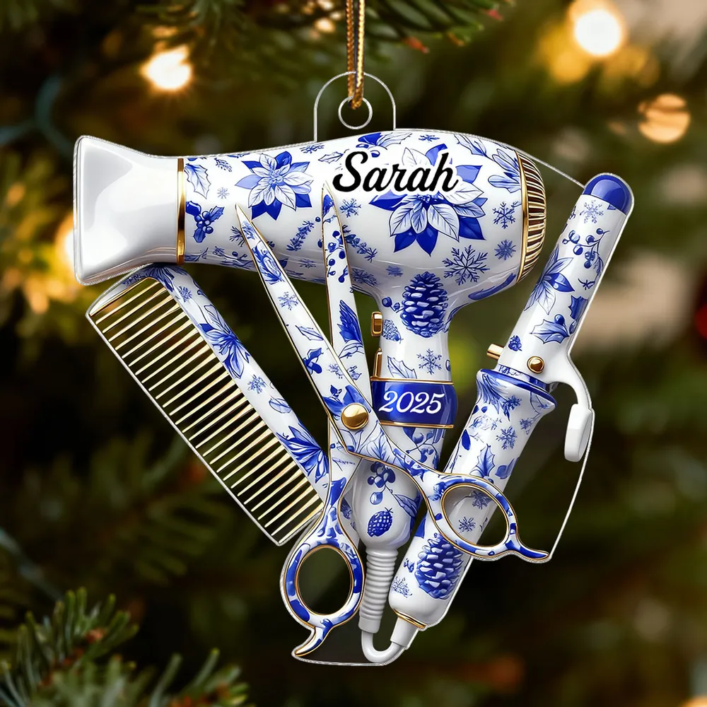 3D Effect Christmas Toile De Jouy Pattern Hairdresser Things - Personalized Acrylic Ornament - Gift For Hairdressers