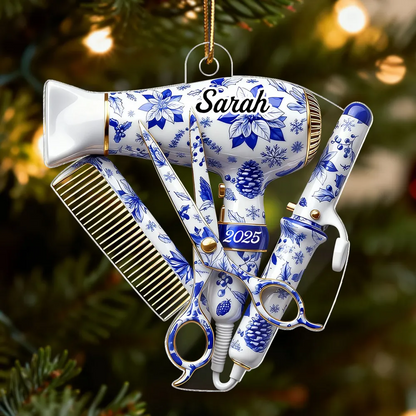 3D Effect Christmas Toile De Jouy Pattern Hairdresser Things - Personalized Acrylic Ornament - Gift For Hairdressers