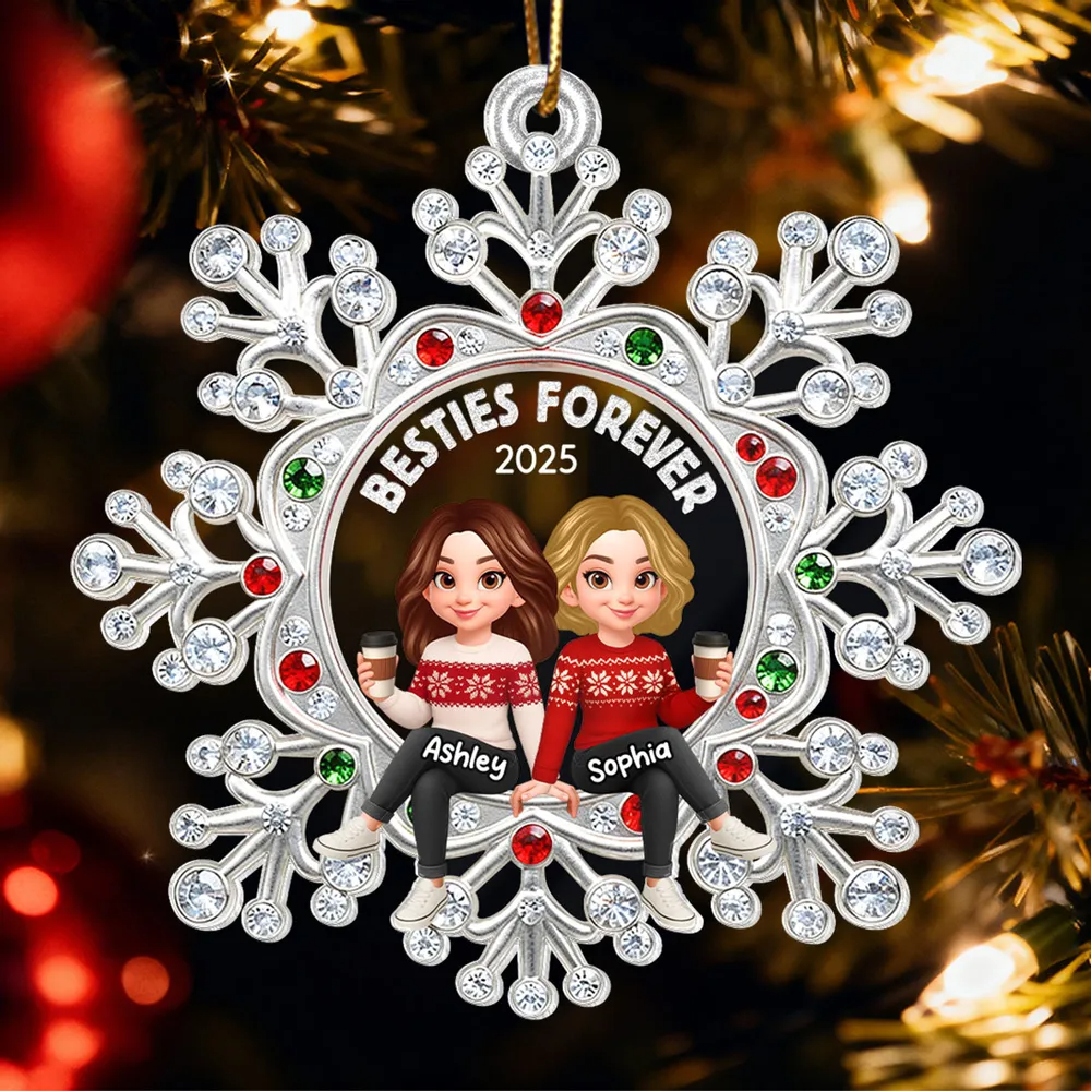 Besties Sitting on Snowflake - Personalized Acrylic Ornament - Christmas Gift for Besties