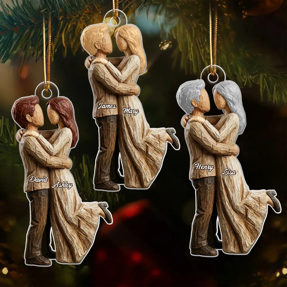 Couple Hugging Faux Wood - Personalized Acrylic Ornament - Heartwarming Christmas Gift For Him, For Her, For Couple